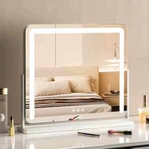 مرآة مكياج مضيئة كبيرة مع لمسة ذكية – 3 ألوان إضاءة قابلة للتعتيم ودوران 360°