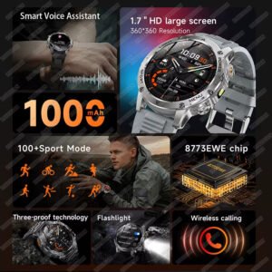 ساعة ذكية رياضية 2025 بشاشة AMOLED مع GPS وNFC ومصباح يدوي